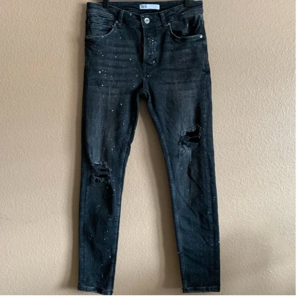 Zara Black Paint Splatter Skinny Distressed Jeans Button Fly Size 31
